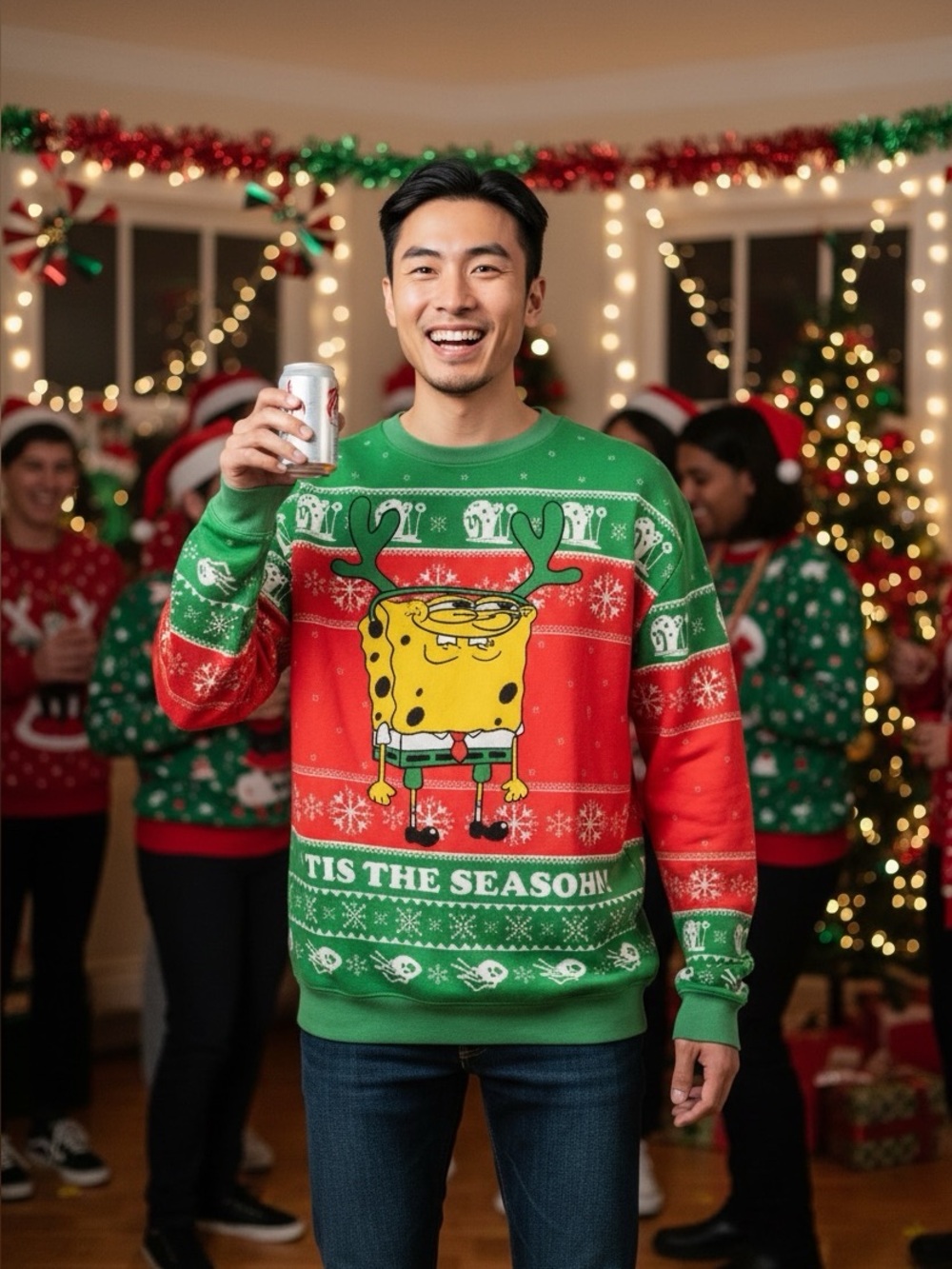 SpongeBob SquarePants Christmas Sweater Reindeer Antlers Ugly Holiday Large